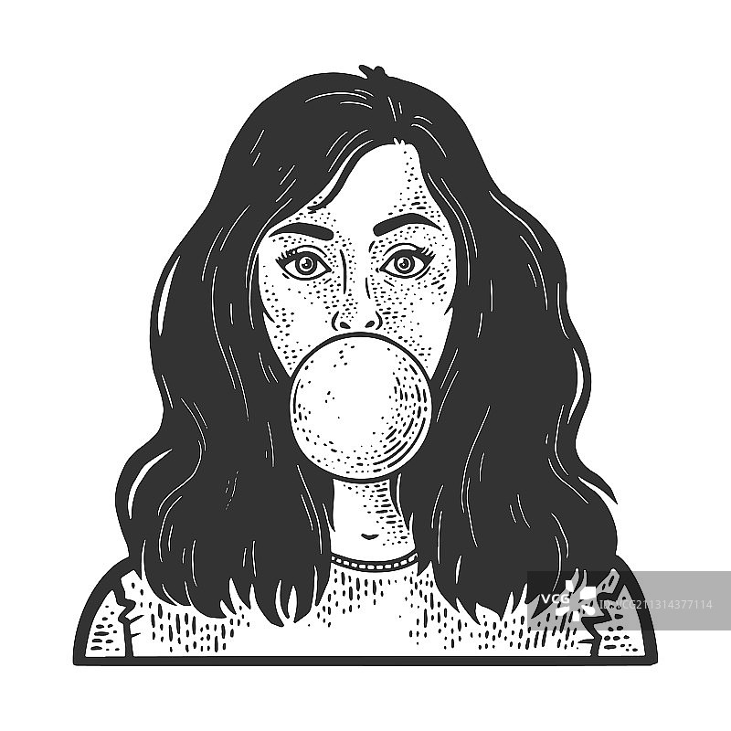 吹泡泡糖的女孩素描图片素材