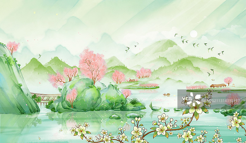 青山绿水开满桃花和梨花的山水画春天插画图片素材