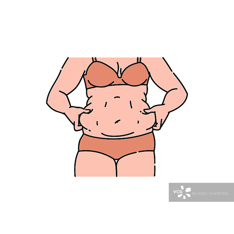 女人捏着腹部赘肉，身材超重图片素材