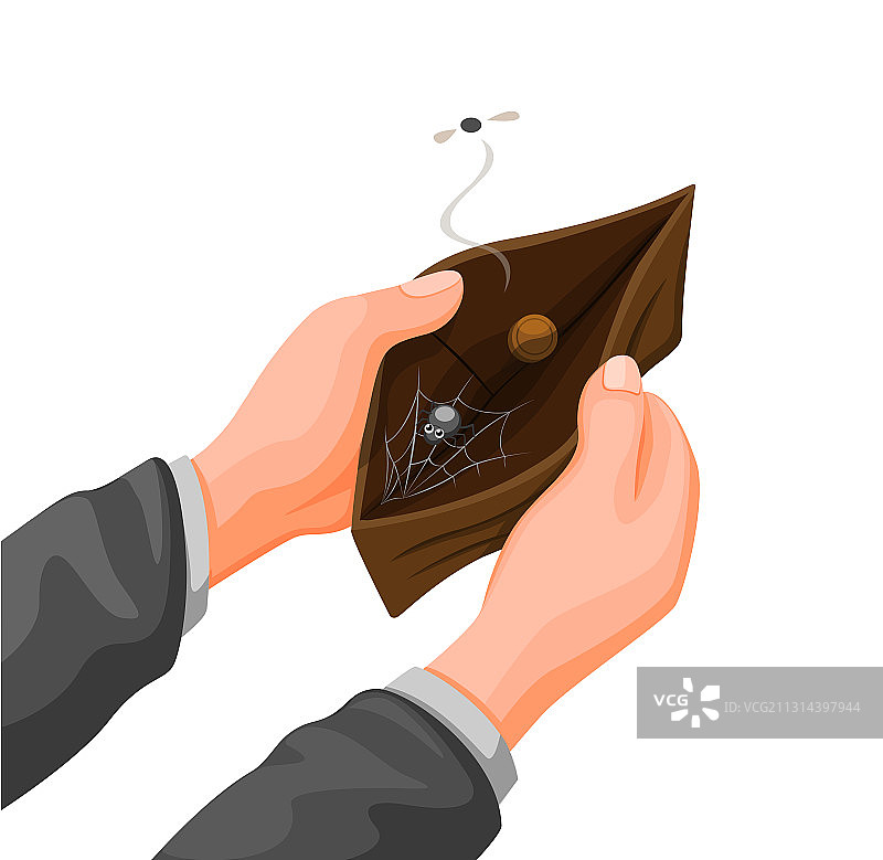 手持带有硬币和蜘蛛网的空钱包图片素材