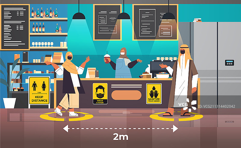戴防护口罩的阿拉伯咖啡馆顾客图片素材