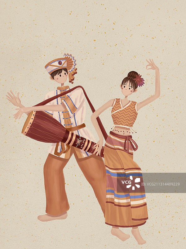 傣族姑娘和小伙象脚鼓舞图片素材