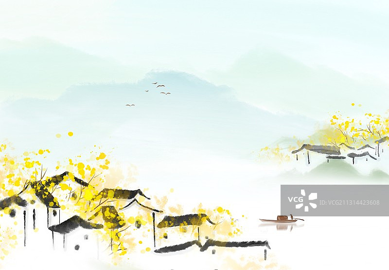 江南水乡水墨中国画旅游风光插画图片素材