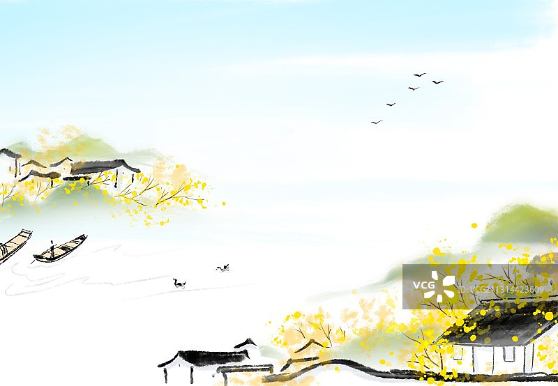 江南水乡水墨中国画旅游风光插画图片素材
