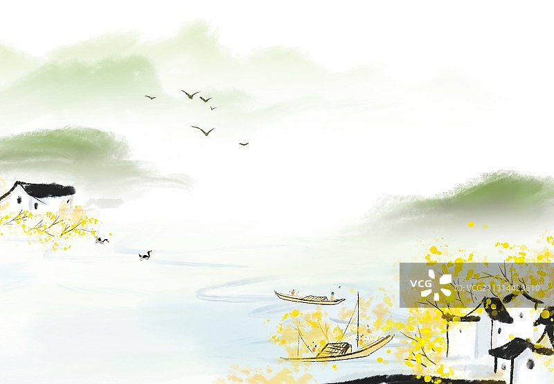 江南水乡水墨中国画旅游风光插画图片素材