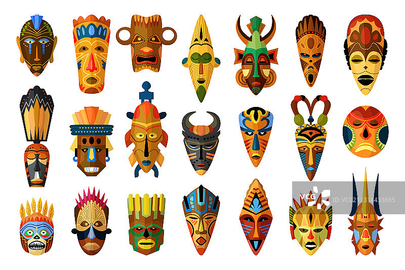 白色背景上孤立的非洲面具合集图片素材