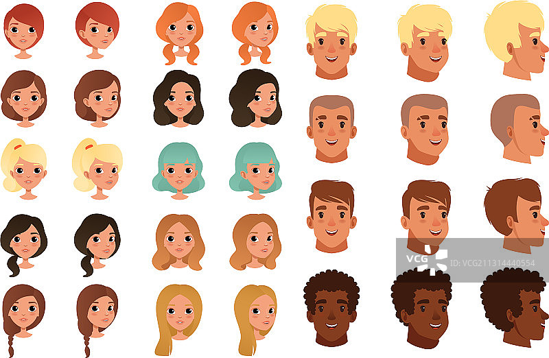 可爱的青少年男女头像多角度视图图片素材