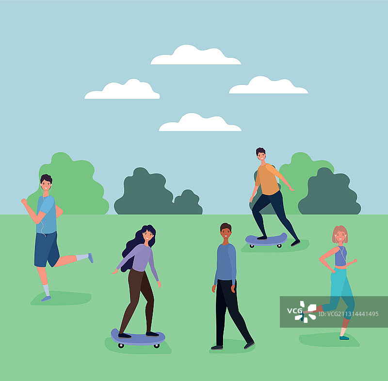 奔跑和玩滑板的男女卡通人物图片素材