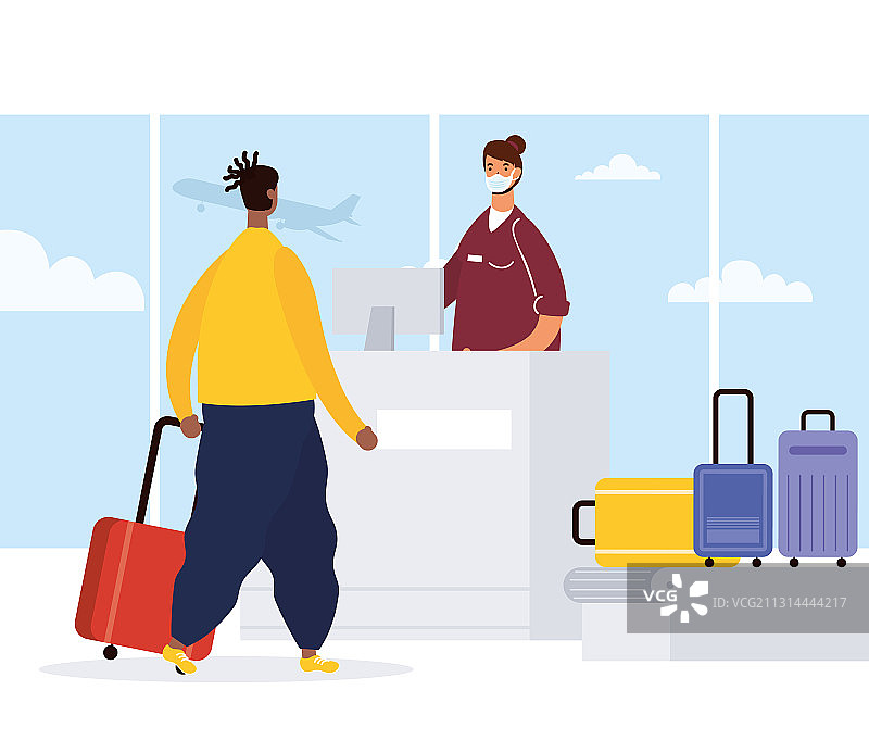 在传送带上手拿行李箱的年轻非洲裔男子图片素材