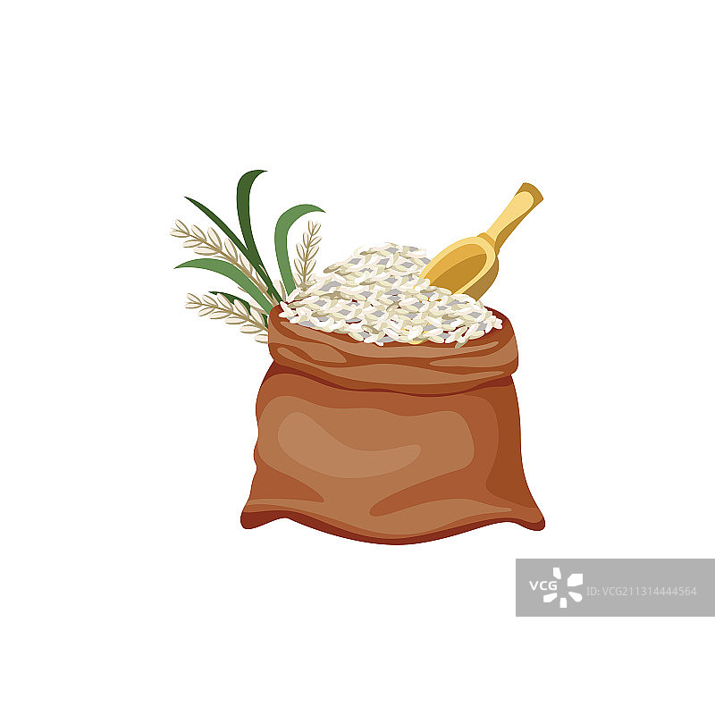 装满白色谷物的棕色黄麻麻袋图片素材