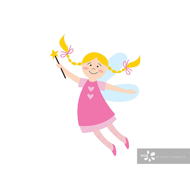 穿着粉色连衣裙的快乐可爱仙女或精灵女孩图片素材