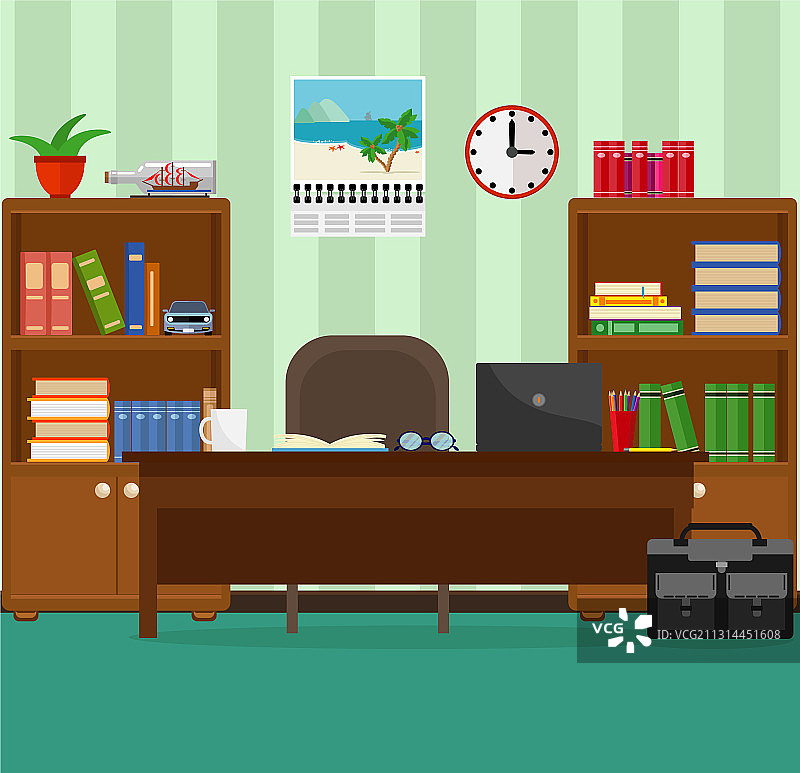 舒适的办公桌笔记本电脑书柜办公室图片素材