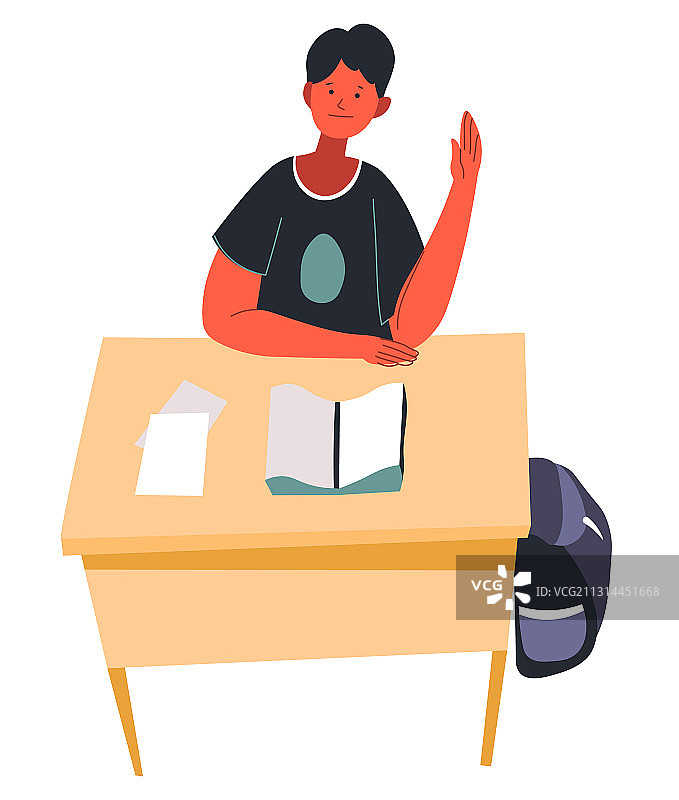 举手坐在课桌旁的 ученик图片素材