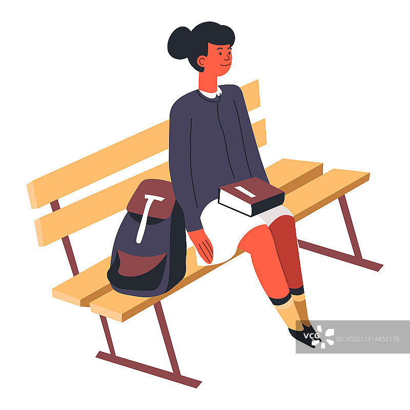 背着背包坐在长椅上的女性角色图片素材