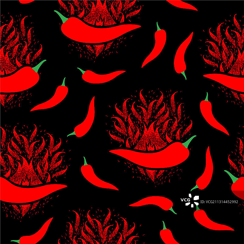 黑色背景上的红色辣椒无缝图案图片素材