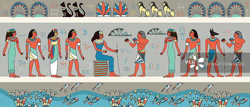 描绘古埃及人的彩色壁画图片素材