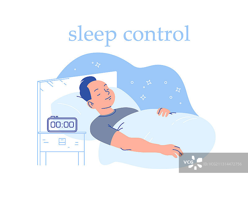青年男子在舒适的床上睡觉，旁边有闹钟图片素材