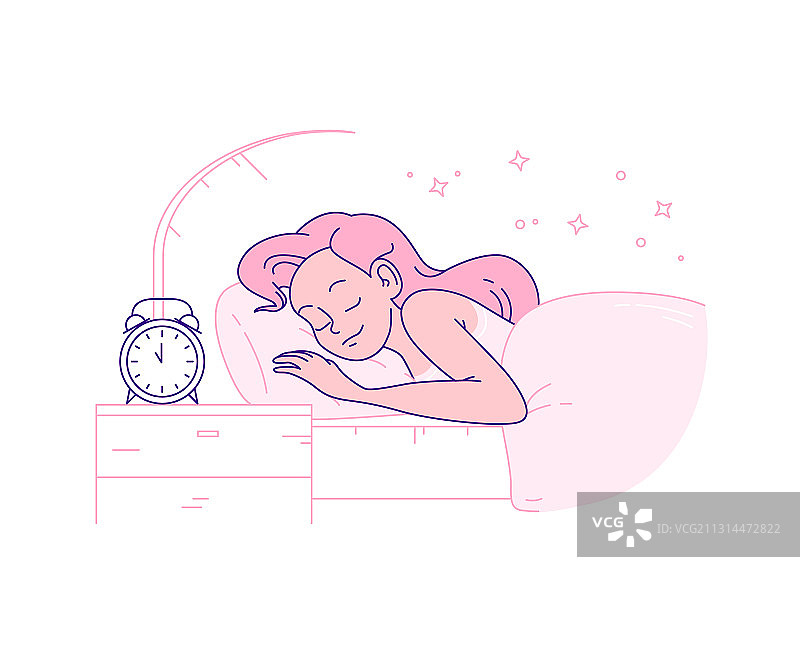 年轻女人在舒适的床上睡觉，旁边有闹钟图片素材