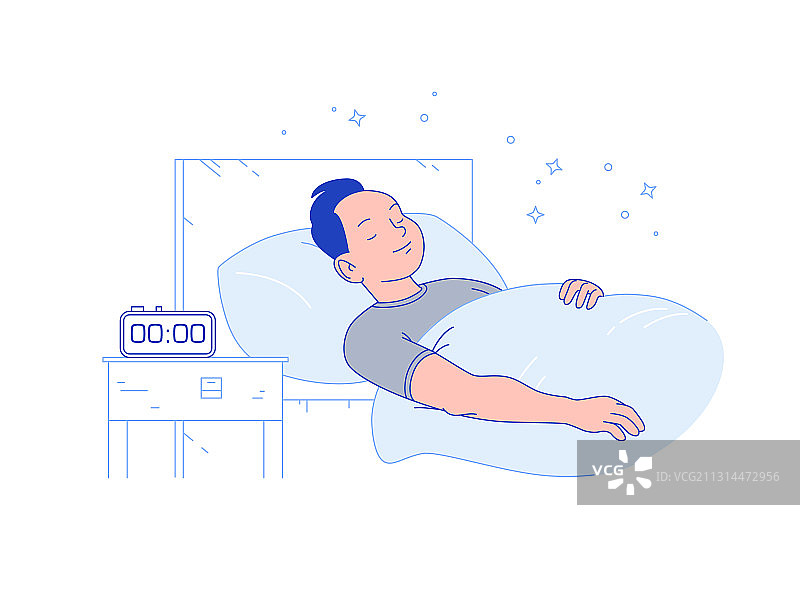 青年男子在舒适的床上睡觉，旁边有闹钟图片素材