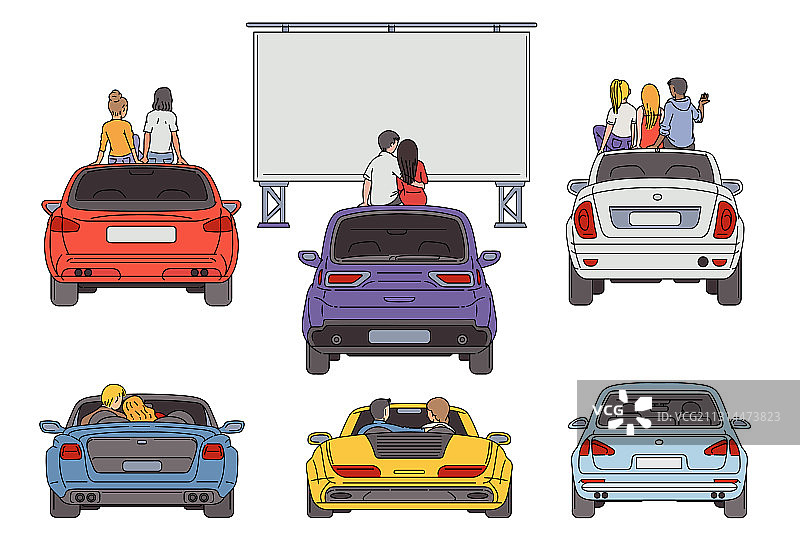 露天电影院人物素描卡通图片素材