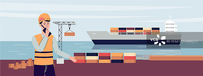 海港工人眺望渡轮图片素材