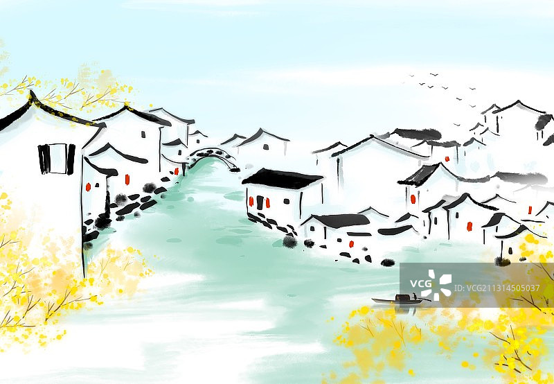 江南水乡水墨中国画旅游风光插画图片素材