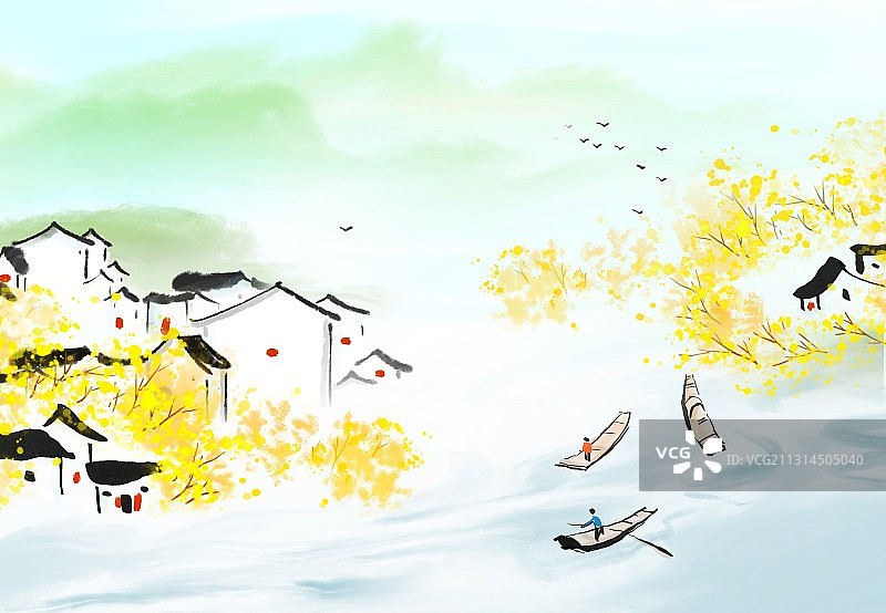 江南水乡水墨中国画旅游风光插画图片素材