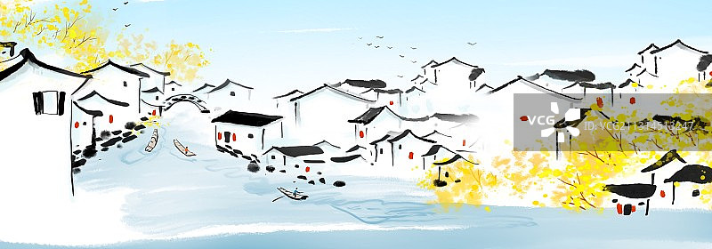 江南水乡水墨中国画旅游风光插画图片素材