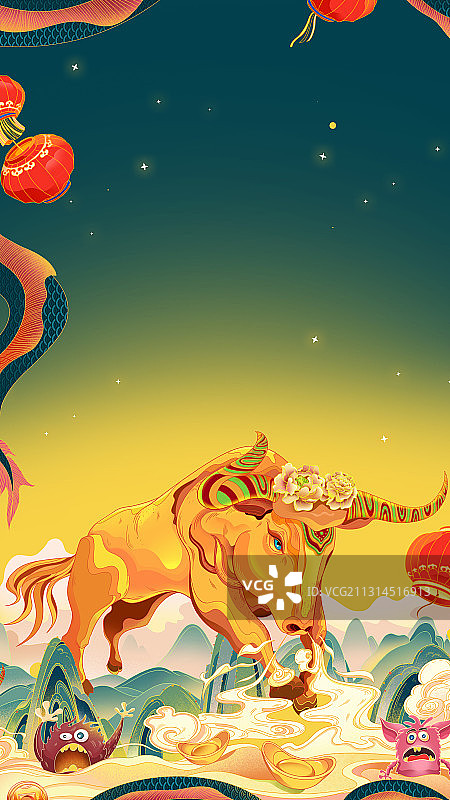 金牛送福插画竖版绘制图片素材