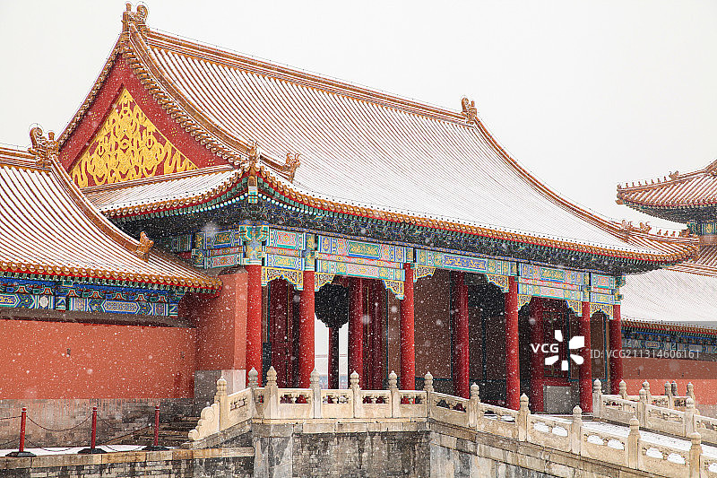 大雪纷飞下的故宫贞度门雪景图片素材