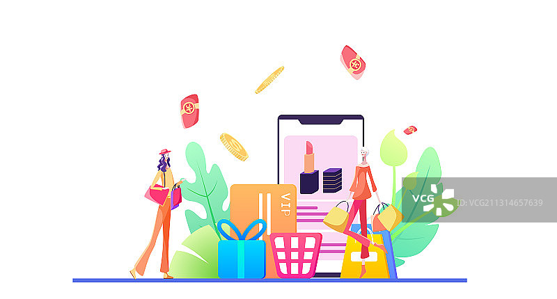 正在逛街购物的女孩矢量插画图片素材