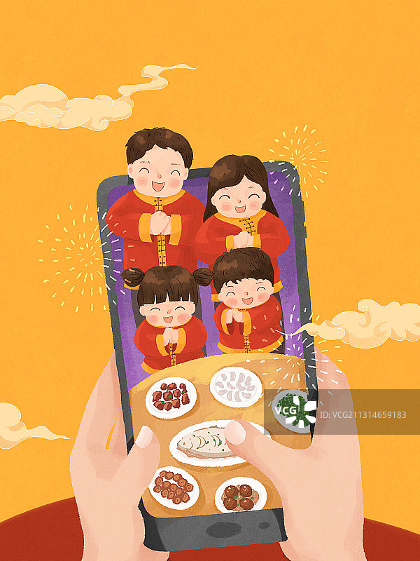 云拜年手机视频新年插画2图片素材