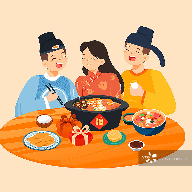 卡通美食餐饮年货节春节不打烊古代古人吃饭聚餐餐中国风矢量插画图片素材