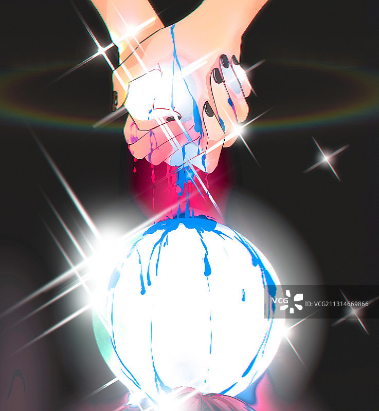 低饱和度唯美黑色背景手撒星光流泪发光的球体插画图片素材