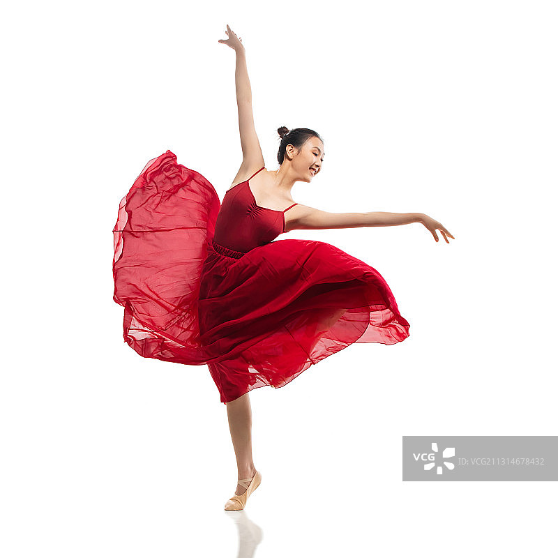 穿红色裙子跳芭蕾舞的青年女人图片素材