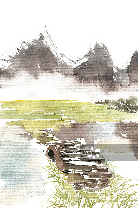 远山小河与小桥图片素材