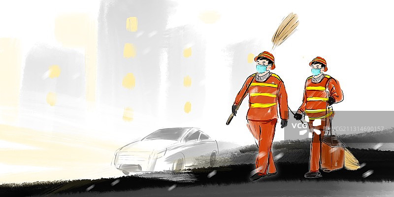 新年坚守岗位工作人员水墨人物画清洁工人图片素材