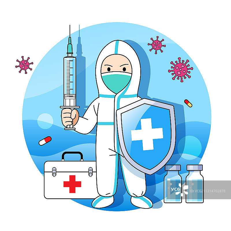一个拿着盾牌针筒的医生和药箱等图片素材