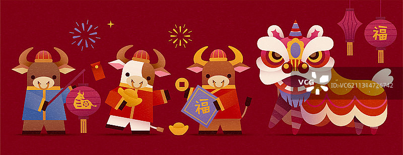 牛年舞龙舞狮角色插图集合图片素材