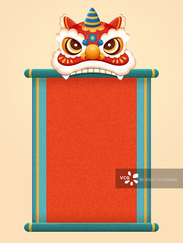舞狮咬卷轴 新年留白素材图片素材