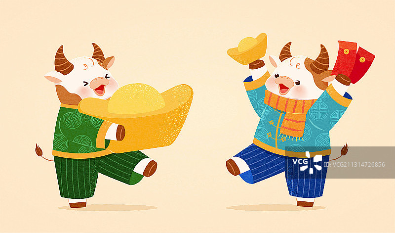 牛年吉祥物手捧红包与元宝插图图片素材