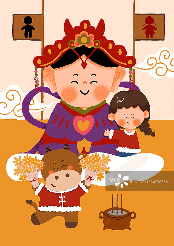 牛年年俗插画-正月十一祭奉紫姑图片素材