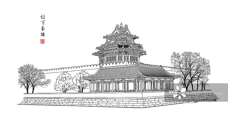 手绘风景-故宫角楼图片素材