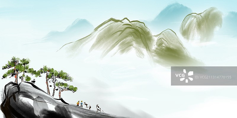 水墨黄山松树下的行人图片素材