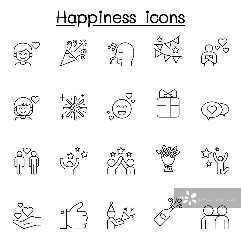 一组快乐相关的线性图标图片素材