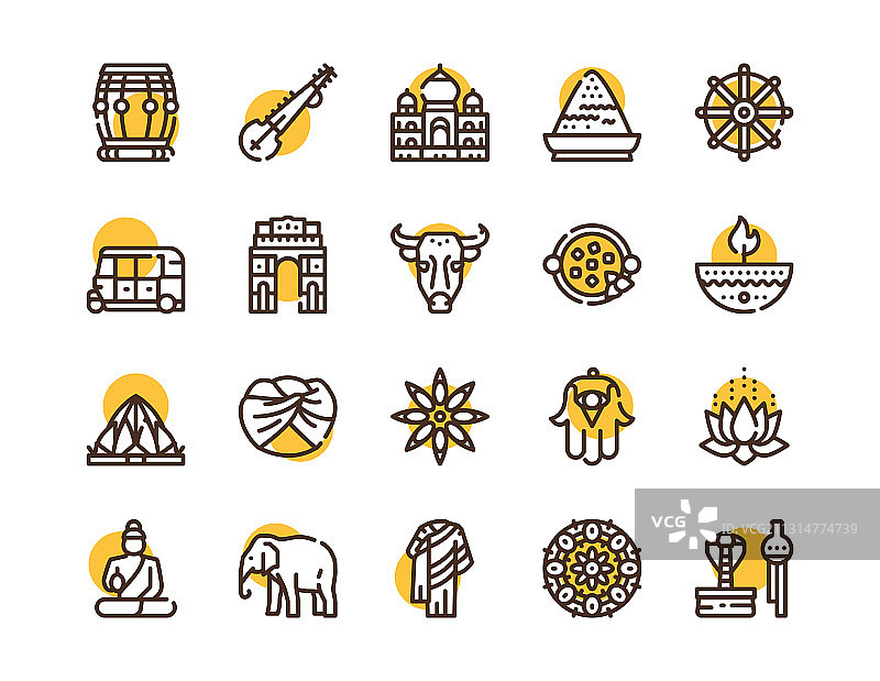 印度文化彩色线条圆形图标合集图片素材