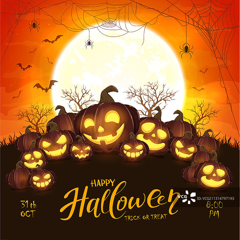 橙色背景上的万圣节南瓜和蜘蛛图片素材