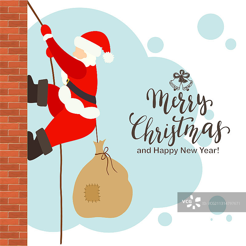 圣诞老人爬墙背着圣诞礼品袋图片素材