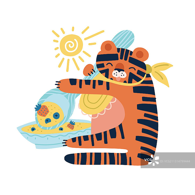 老虎用大勺子喝粥图片素材