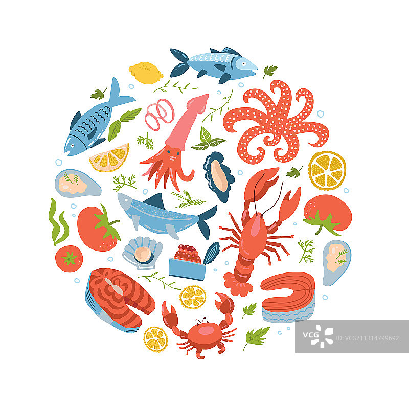 圆形海鲜图标合集扁平风格图片素材